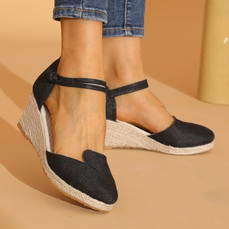 

Feiboyy Women Sandals Platform Wedge Linen Sandals Fashion Versatile Braided Buckle Breathable Wedge Sandals