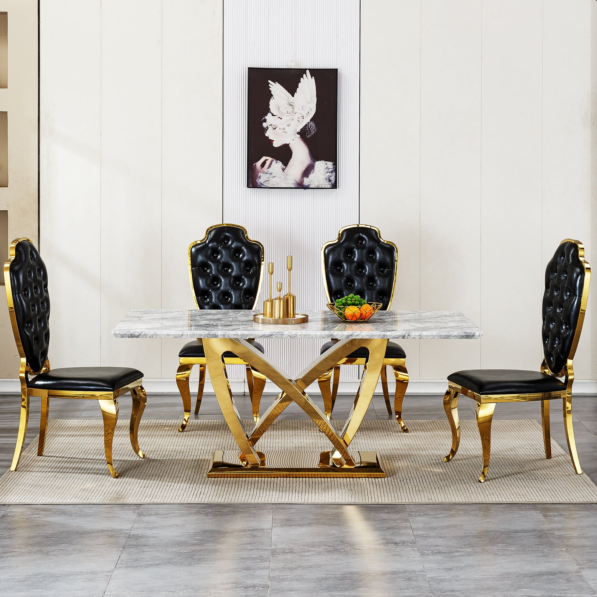 Shikeyi 70" Marble Dining Table for 6-8, Modern Luxury Gold Rectangular Large Kitchen Table, Marble Grain MDF Tabletop & Stainless Steel Base for Kitchen Dining Room, Grey (Table Only)