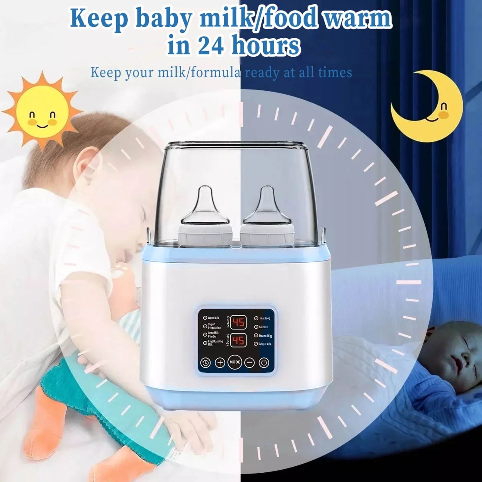 Baby Bottle Warmer, Baby Bottle Warmer and Sterilizer with Timer, 8-in-1 Fast Milk Warmer for Baby Breastmilk, Temperature Adjustment & 24H Constant Heat & Thaw, Baby Food Heater, up to 4 Bottles