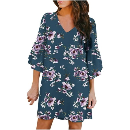 

Juebong Women s Casual Dress Sweet And Cute V-Neck Printed Bell Sleeve Shift Dress Mini Dress