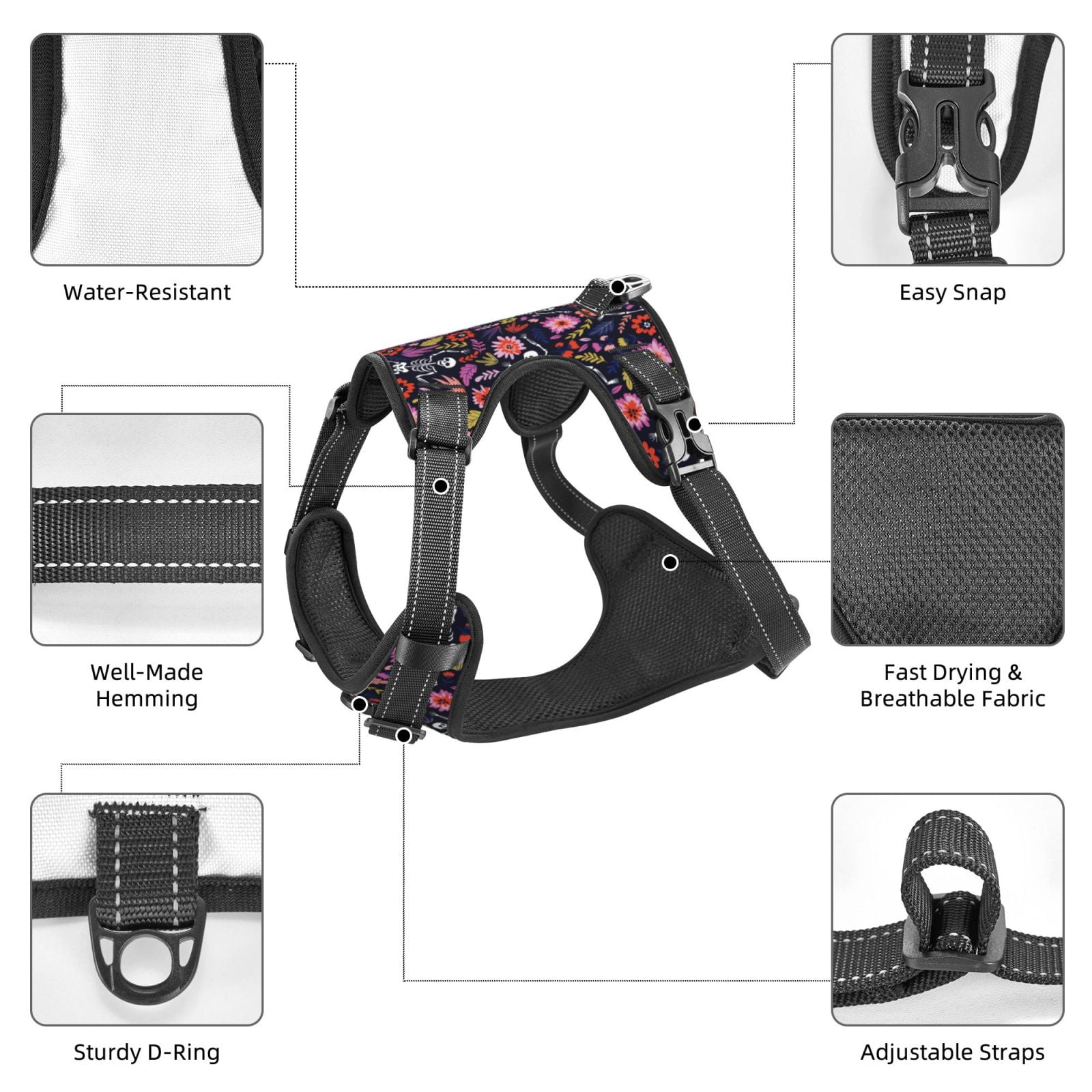 Fuzoiu Dancing Skeletons Floral Garden Print Reflective Dog Harness,Adjustable, Breathable Pet Vest,Dog Harness No Pull,No Choke Pet Vest for Small, Medium, and Large Dogs-X-Large