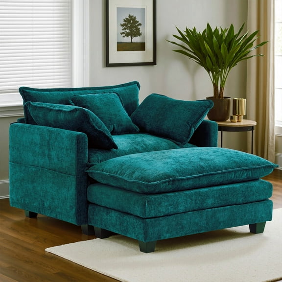 Gexpusm 40'' Oversized Chair with Ottoman,Wide Modern Accent Chair & Single Sofa Lounge for Living Room, Chenille Oversized Armchair with 3 Pillows,Lake Blue