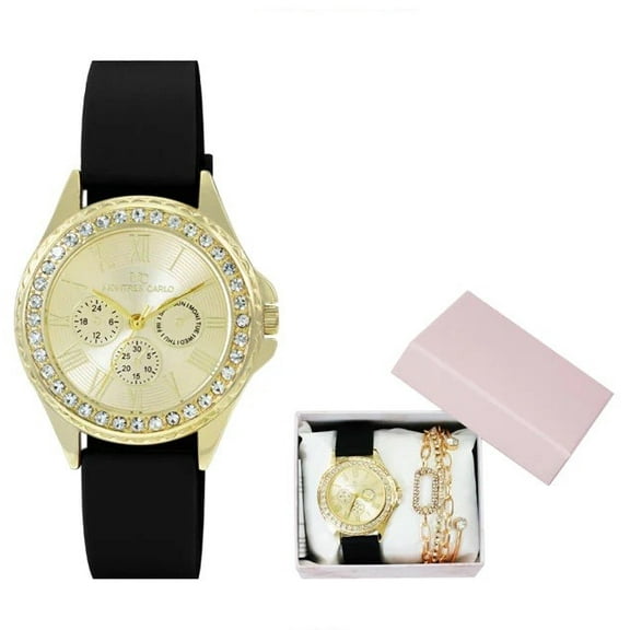 38mm Montres Carlo Women's Fashion Silicone Band Dress Watch Bracelet Gift Set (Gold/Black/Gold)