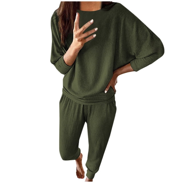 Conjunto de pantalones de manga larga con cuello redondo de color sólido cómodo de ocio para mujer Pompotops qwe23662
