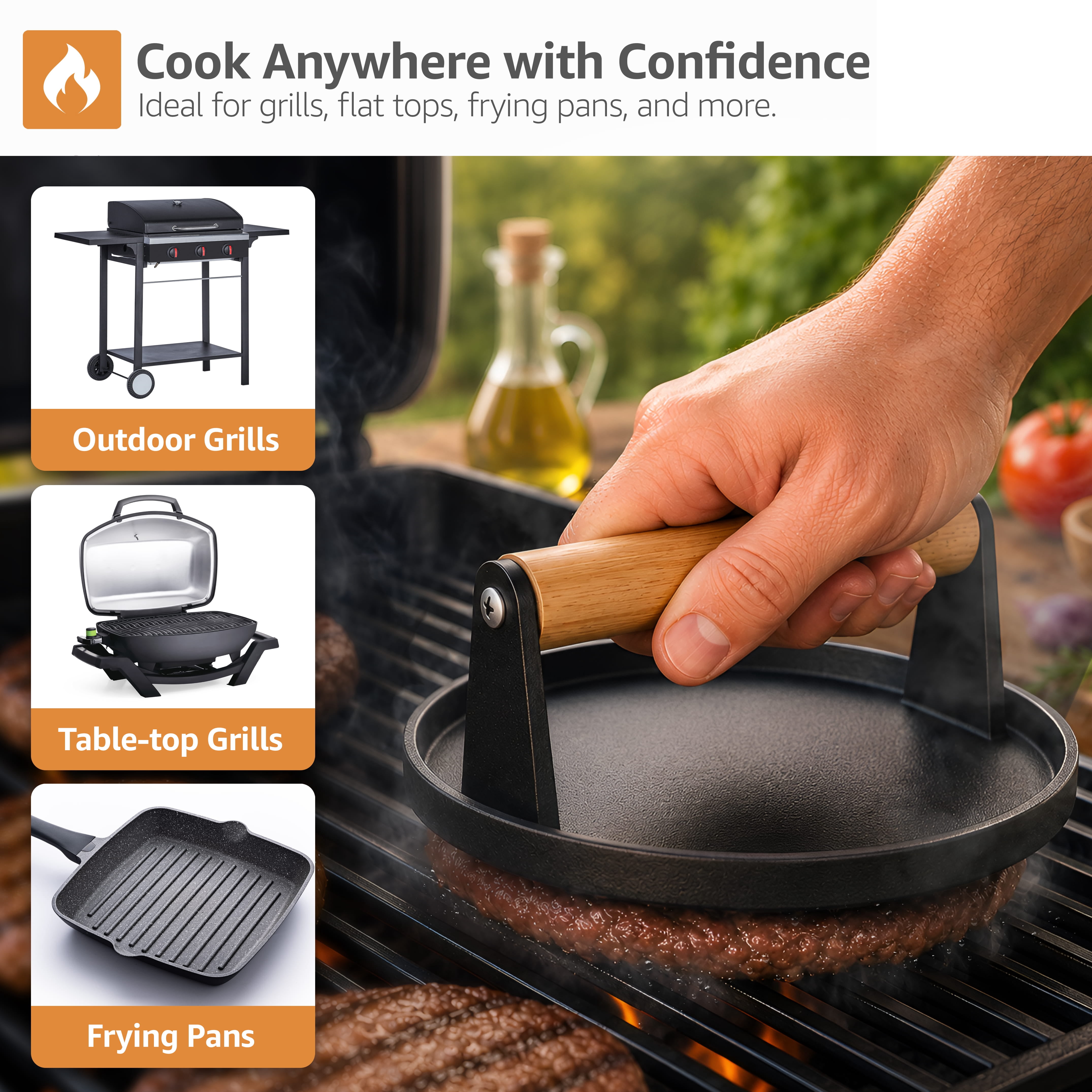 Sorbus Cast Iron Burger Press Set with Wood Handles, Round 7-Inch and Rectangle Press