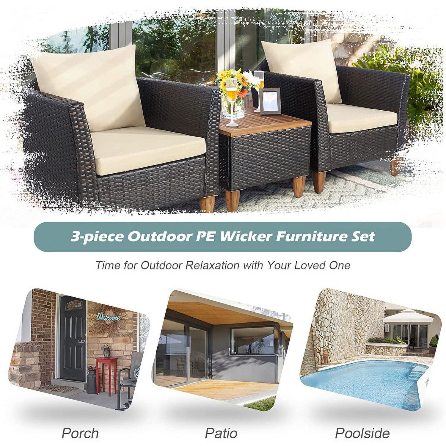 Aimee Lii 3 Pieces Patio Rattan Bistro Furniture Set with Wooden Table Top, Outdoor Patio Furniture, Beige