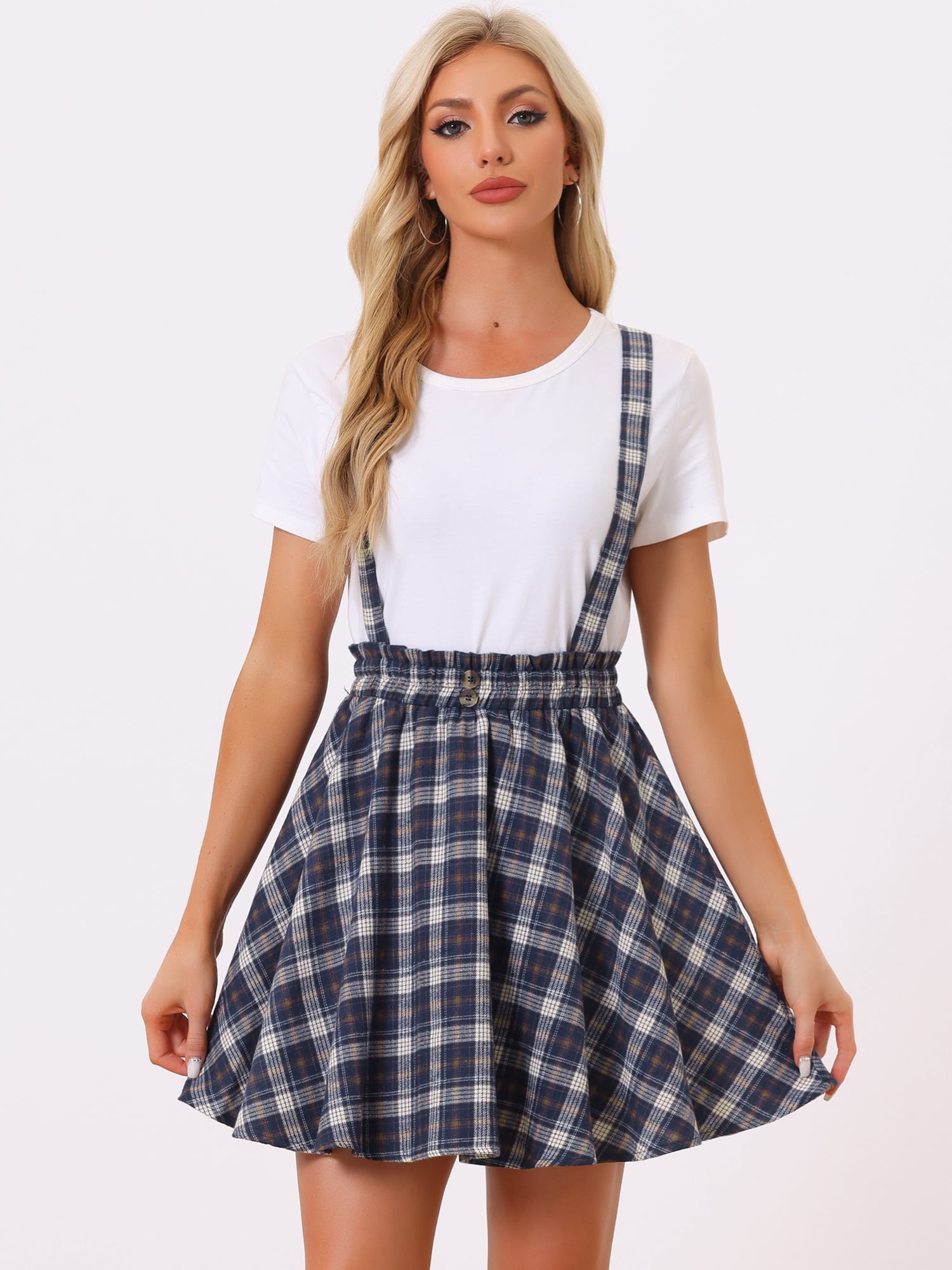 DARING DIVA Women's Tartan Plaid Skater Suspender Skirt S Dark Blue