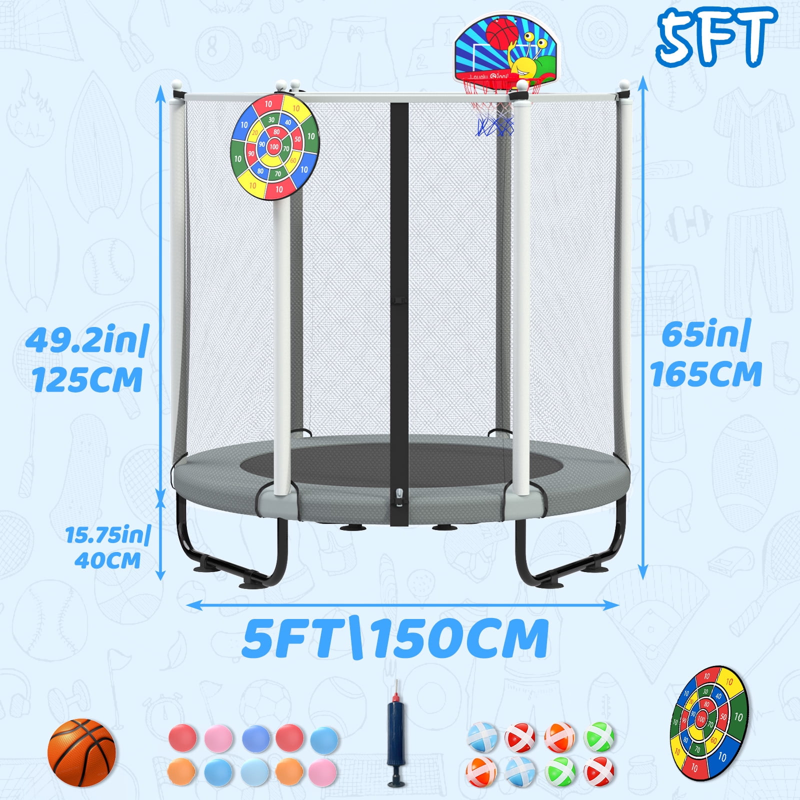 ACWARM HOME 5FT Toddler Trampoline For Kids 60" Mini Size Indoor&Outdoor With Safety Net Gift for Boys & Girls 440Lbs,Gray