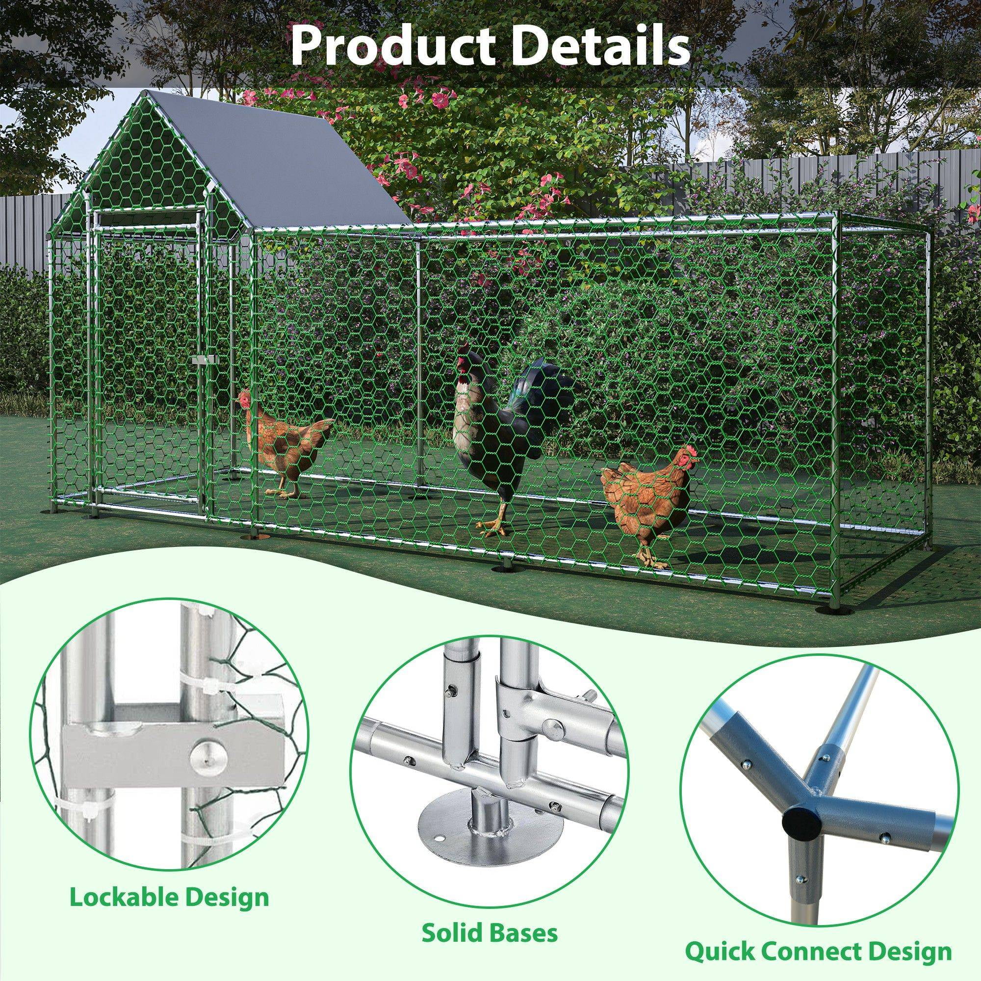 Demi Bonn 119" Large Metal Outdoor Rabbit Hutch Run, Weatherproof Roof Chicken Coop, UV Resistant, Backyard Hen House Poultry Habitat Cage, Silver