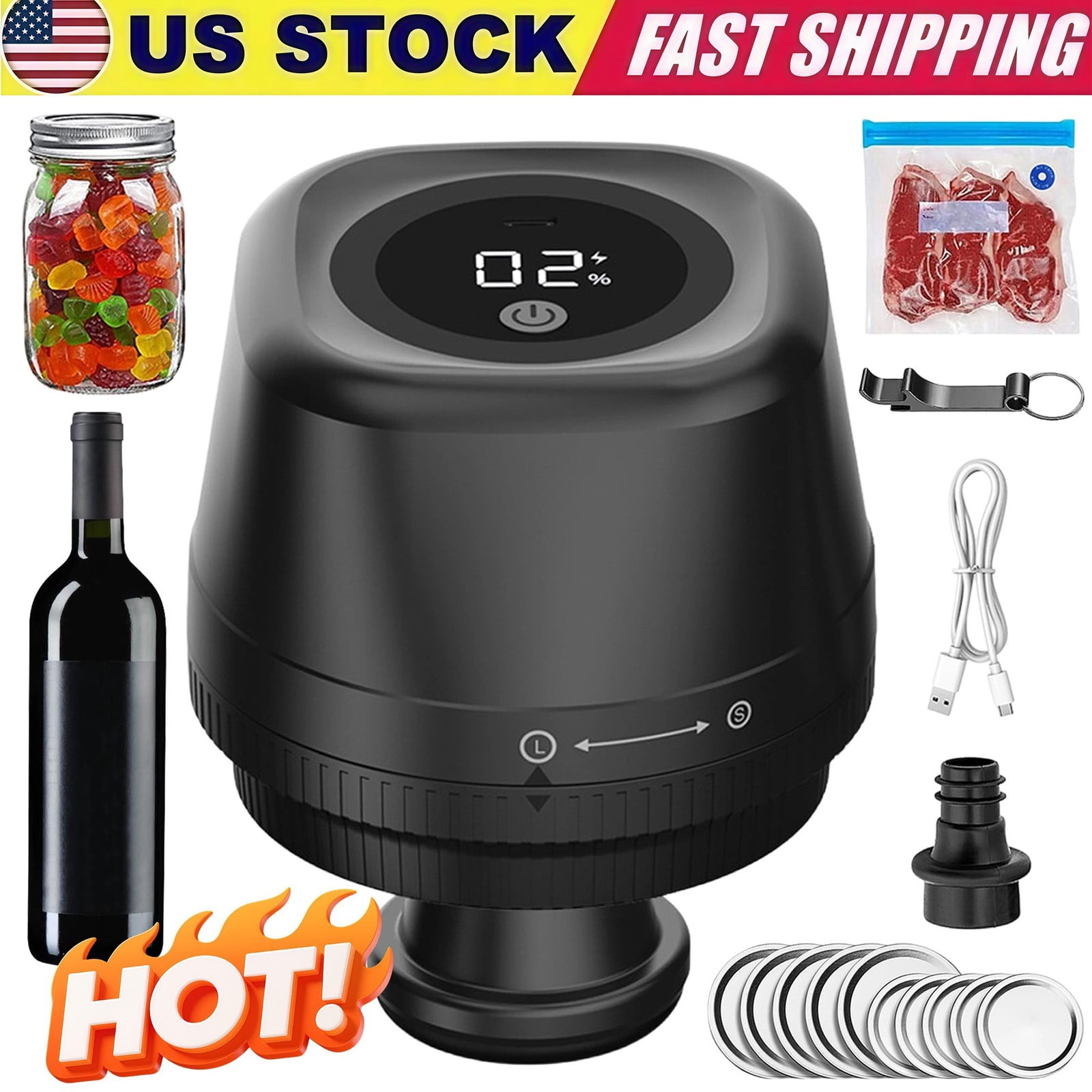 4-in-1 Rechargeable Vacuum Sealer for Mason Jars, Bags & Wine, Automatic Stop, LCD Display, Complete Food Preservation Kit with Pump and 10-Lids