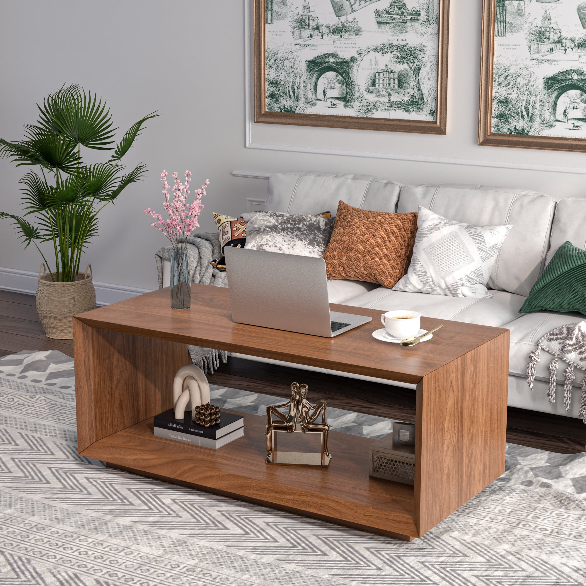 Farmhouse Wood Coffee Table, Rectangle Coffee Table, Simple 2-Tier (Walnut)