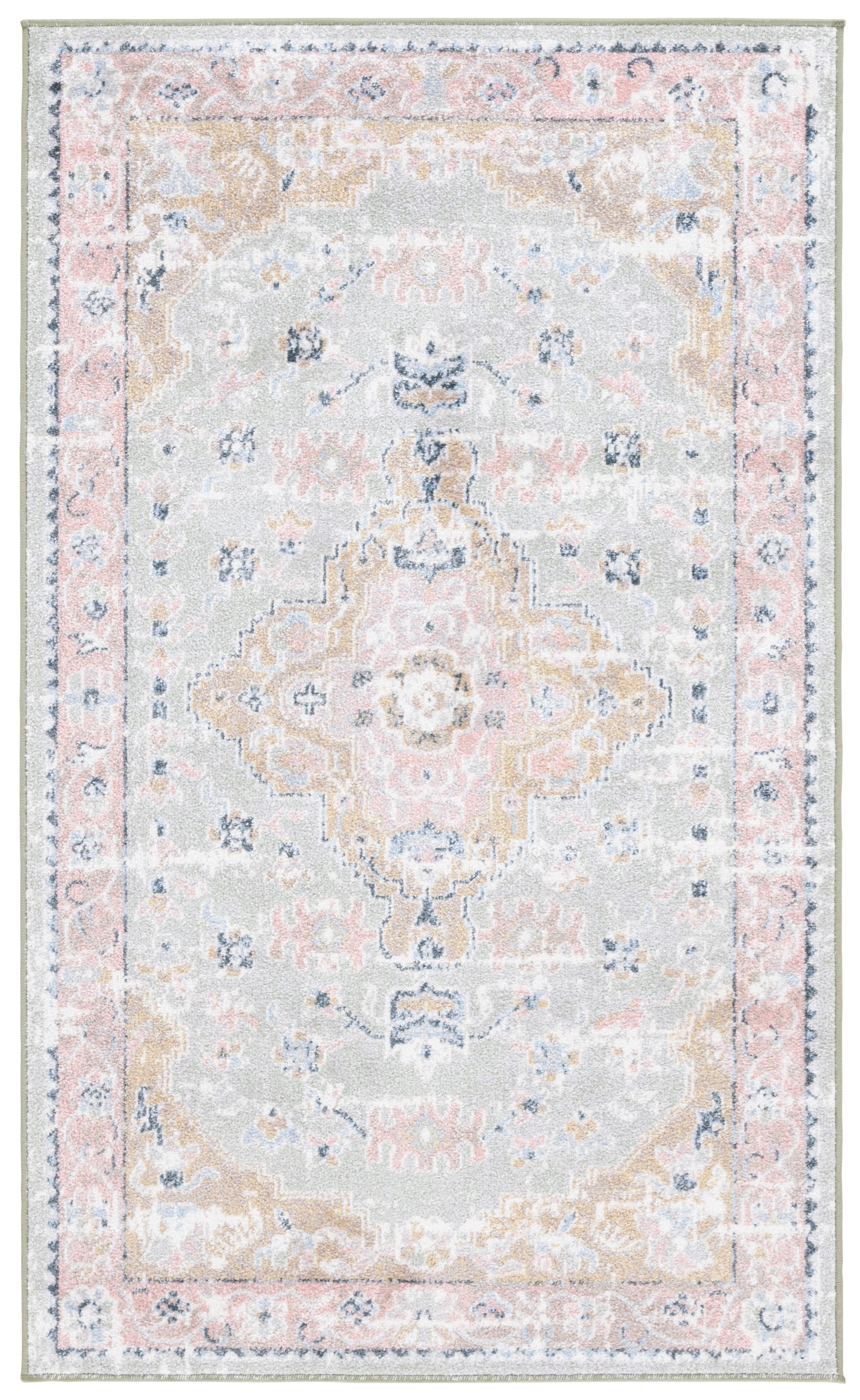 SAFAVIEH Bayside Rudy Oriental Polyester Machine Washable Area Rug, Sage/Gold, 4' x 6'