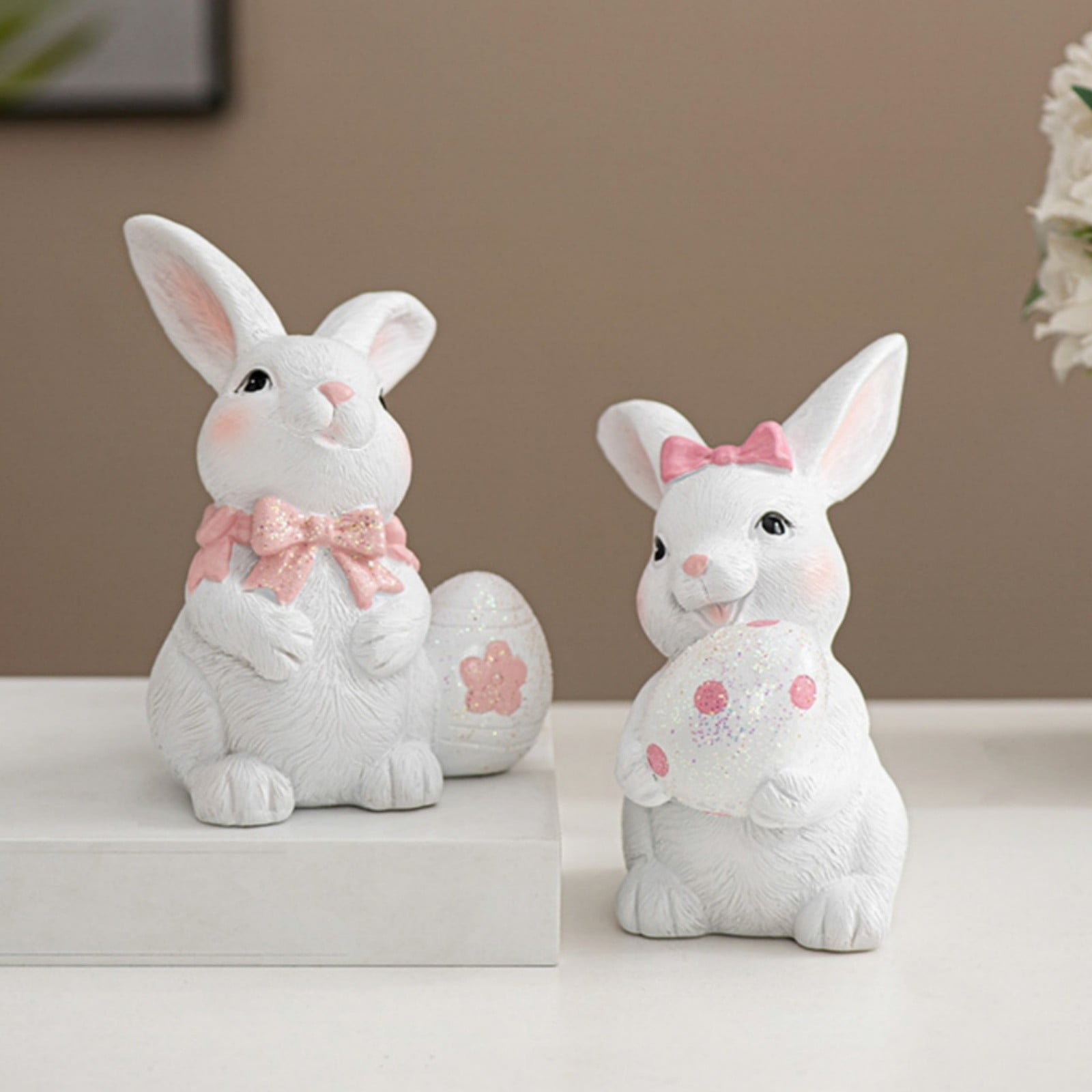 Resin Easter Bunny Holding Eggs White Adorable Rabbit Easter Egg Home Decor Ornament