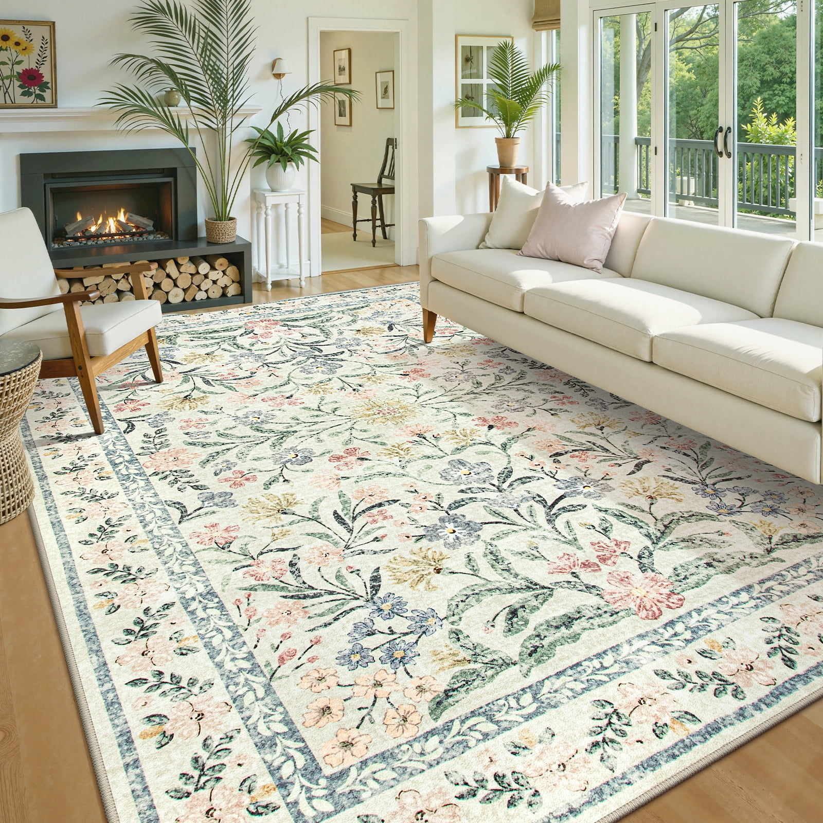Lahome 8'x10' Washable Area Rug for Living Room with Non Slip Backing,Traditional Boho Rug,Low Pile Lightweight Carpet,Floral Print Mat,Washable Machine for Bedroom,Beige