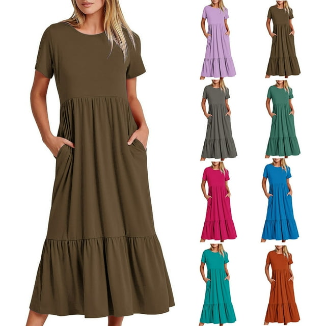 Daiosportswear Robe Maxi d'Été pour Femme Décontractée à Manches Courtes, Col Ras du Cou, Fluide, Évasée, à Étages, Longue, de Plage avec Poches, Robe à Manches Courtes pour Femme Violet 10 (TG)