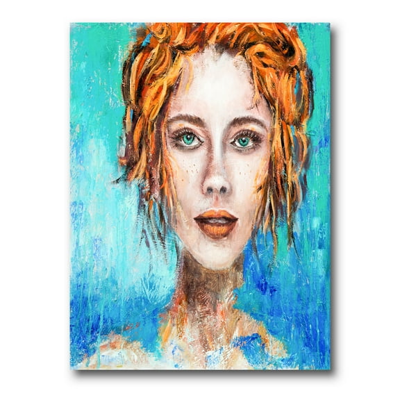 Designart ' A Woman Face With Red Hair And Green Eyes ' Modern Canvas Wall Art Print
