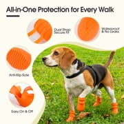 IDOMIK Dog Rain Boots 4-Pack, Waterproof Silicone Paw Protectors, Anti-Slip Sole, Double Hook & Loop Straps, Orange, S