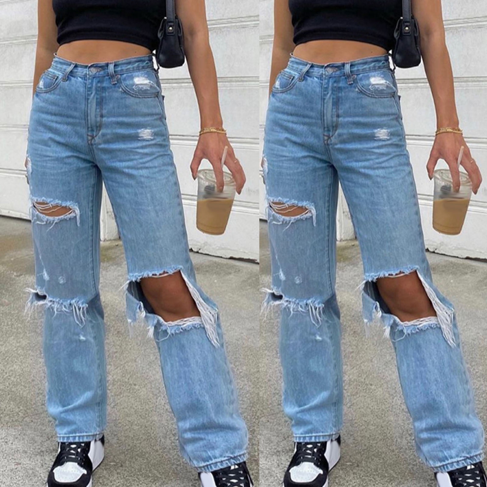 Sayhi Women Washed Distressed High Waist Straight Flare Jeans Denim Pants