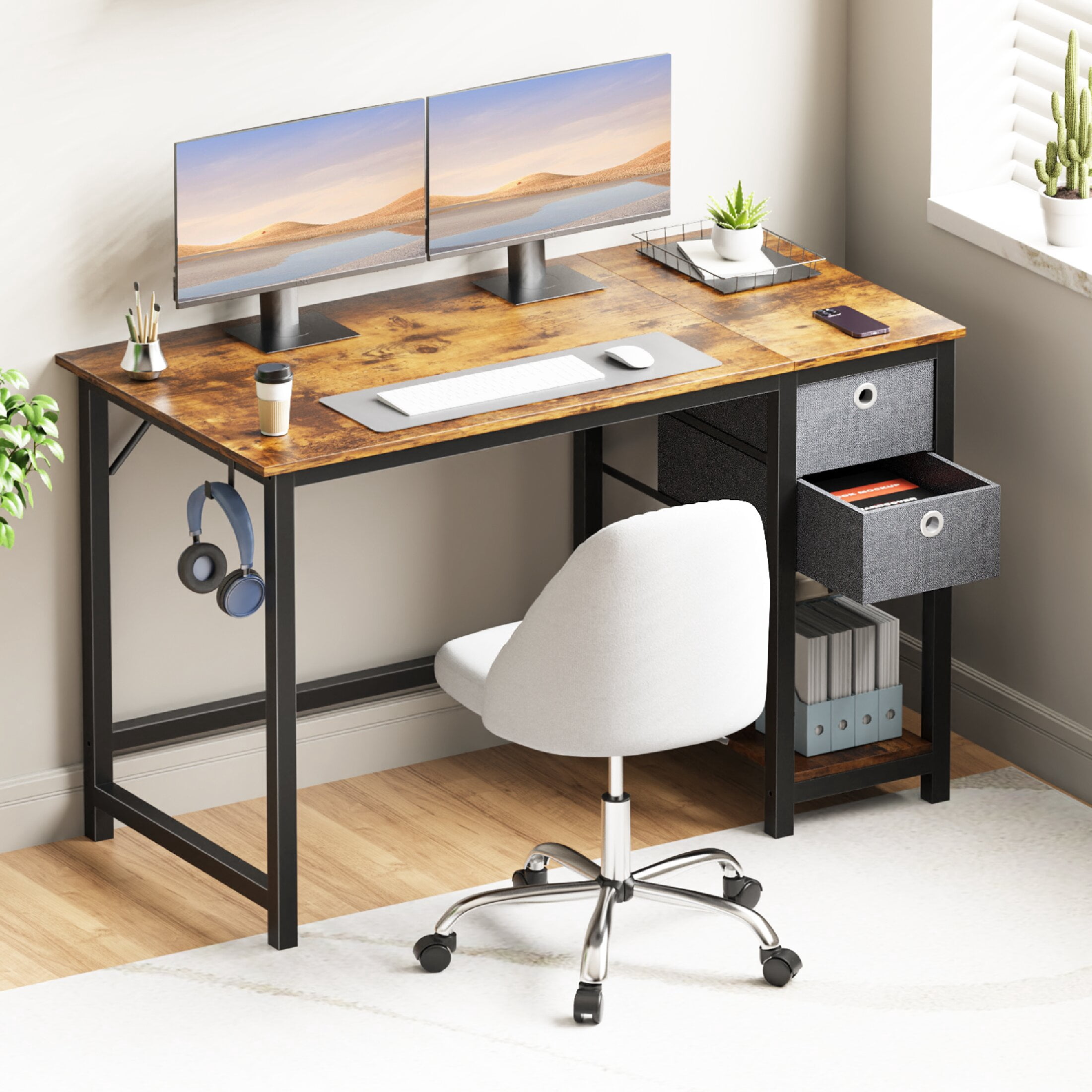 CONCETTA Computer Desk with Storage Drawers, For Office Home Bedroom, With 2-Tier Drawer, 47 Inch - Brown