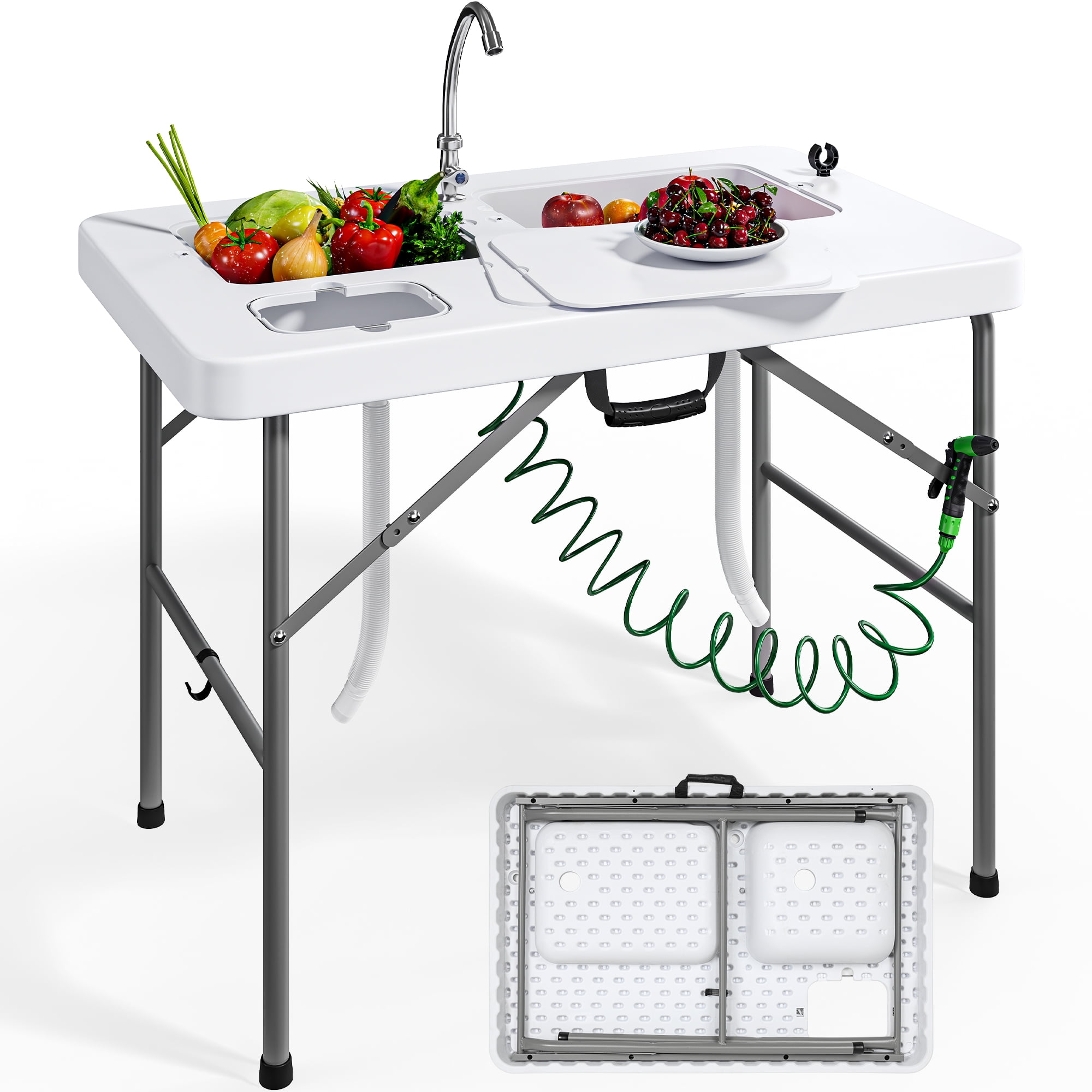 Dextrus Fish Cleaning Table with Deep Sinks & Sprayer 40" Portable Fish