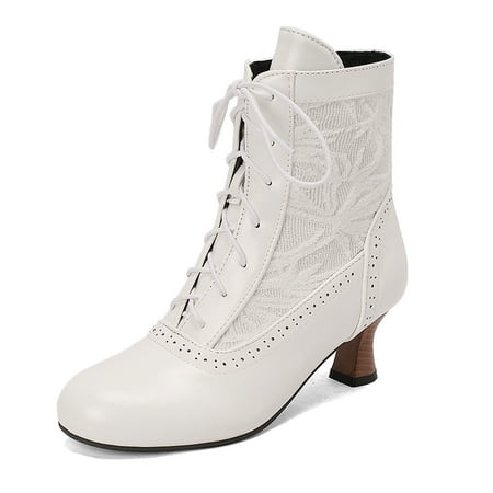 

Ediodpoh Foreign Trade Large Size Fall Women s Boots Lace up Thick Heel LACE Boots Western Boots Womens Booties White 7