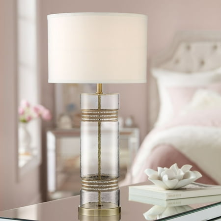 Clear Glass Table Lamps For Living Room Possini Euro Design Modern Table Lamp Clear Glass Column Jeweled Trim Ivory Fabric Drum Shade for Living Room Bedroom Nightstand ()