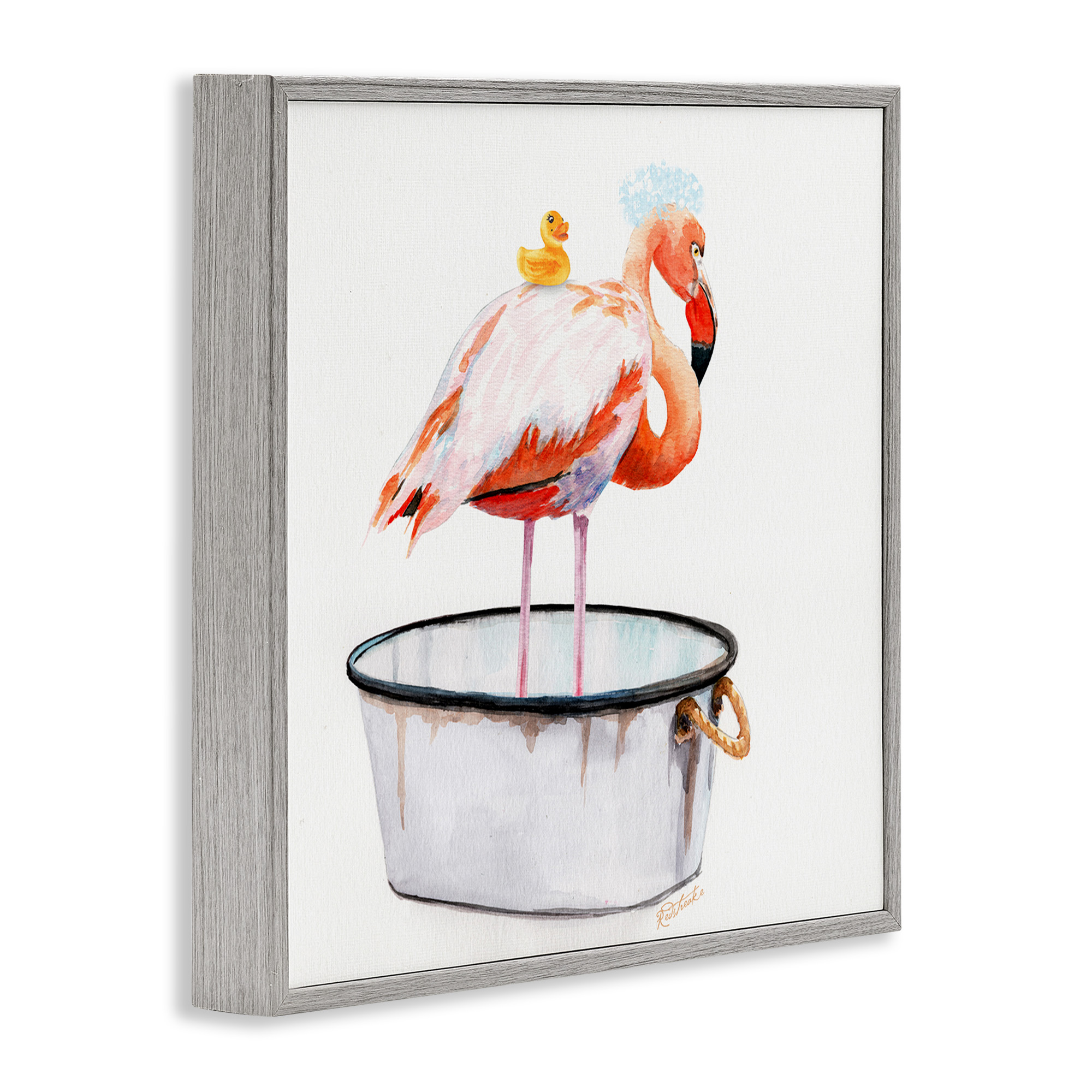 Stupell Industries Flamingo Bubble Bath Time Animals & Insects Painting Gray Framed Art Print Wall Art, 12 x 12