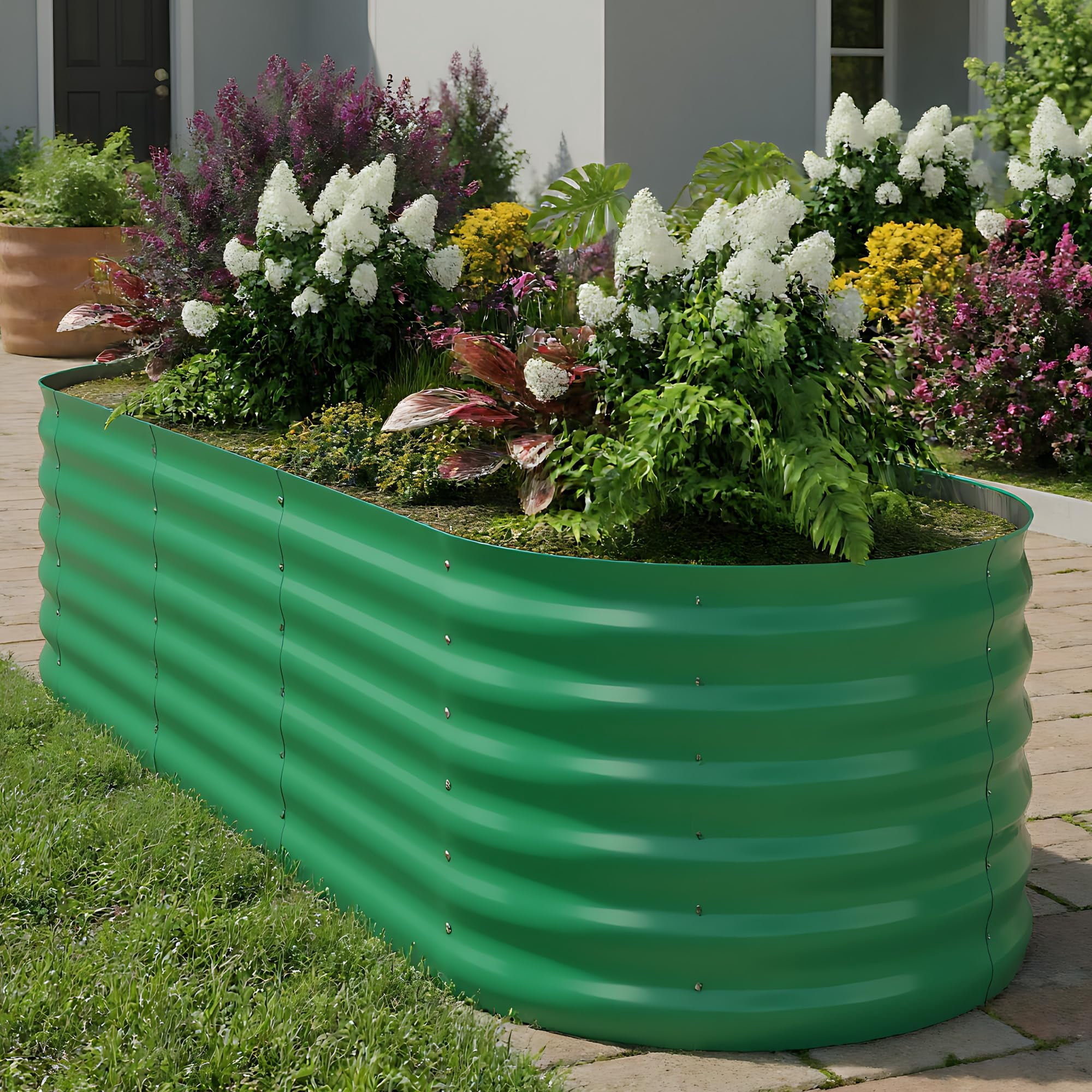 Multi-Size Galvanized Raised Garden Bed – 18-24" Tall Metal Planter Box for Vegetables, Flowers & Herbs, Rust-Resistant, Easy Assembly, Ideal for Lawn, Courtyard, Patio – Beige/Green