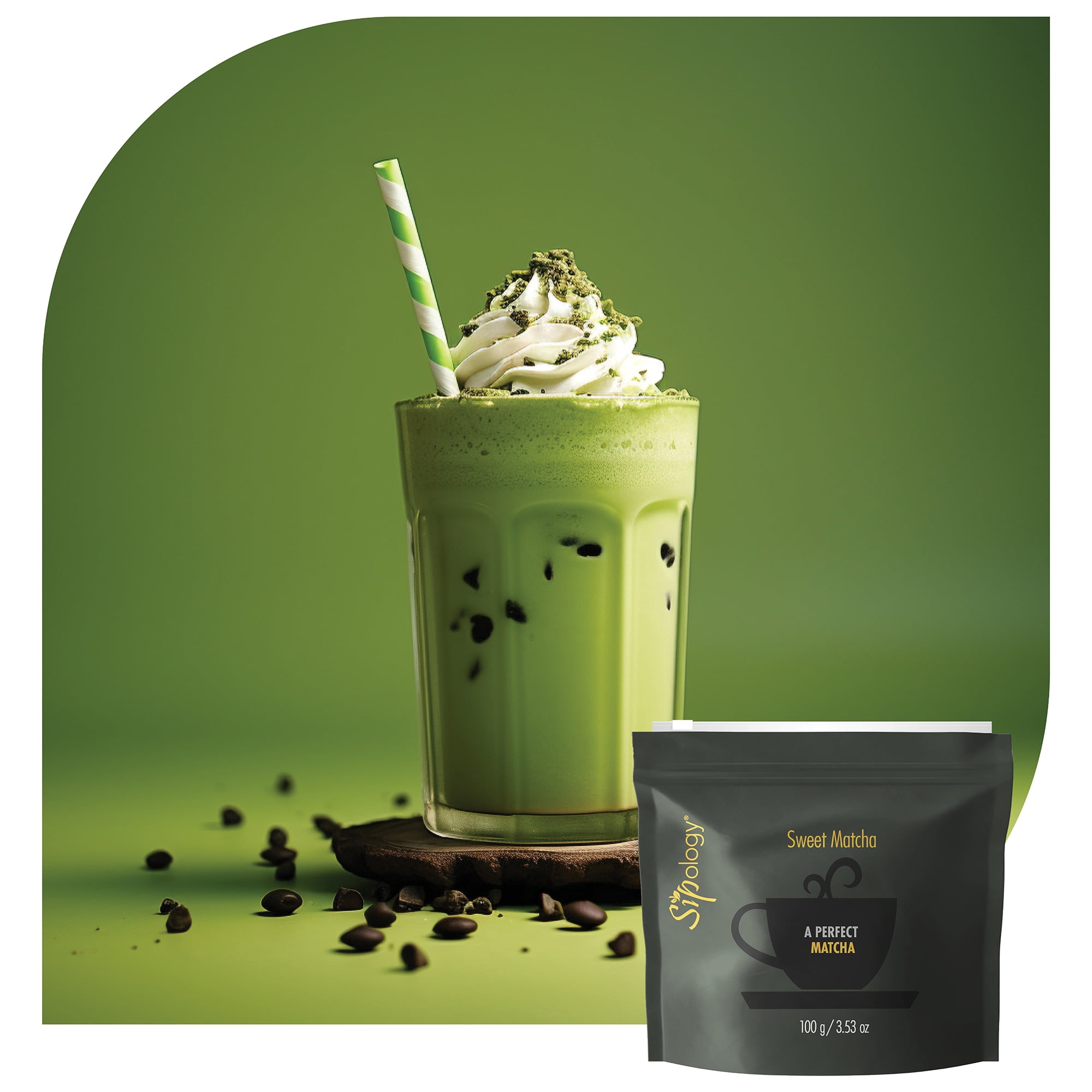 Sipology: Matcha - Sweet Chocolate Chip Cake - 3.53oz/100g Bag - Powder Drink Mix, 62.5 Servings, Japanese Matcha, Hot Or Cold, 5 Cal, Energy Boost