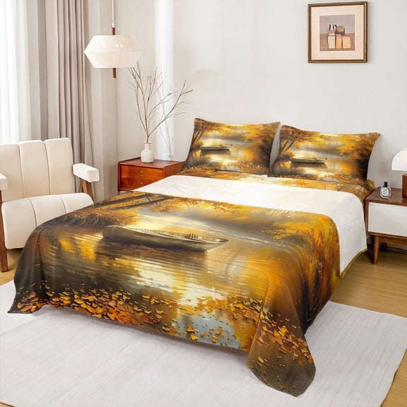 Homewish Lake House Twin Sheet Sets 3pcs for Teens,Yellow Tree Leaves Twin Fitted Sheet Microfiber,Happy Autumn Fall Breathable Flat Sheet,Microfiber Bedroom Decor