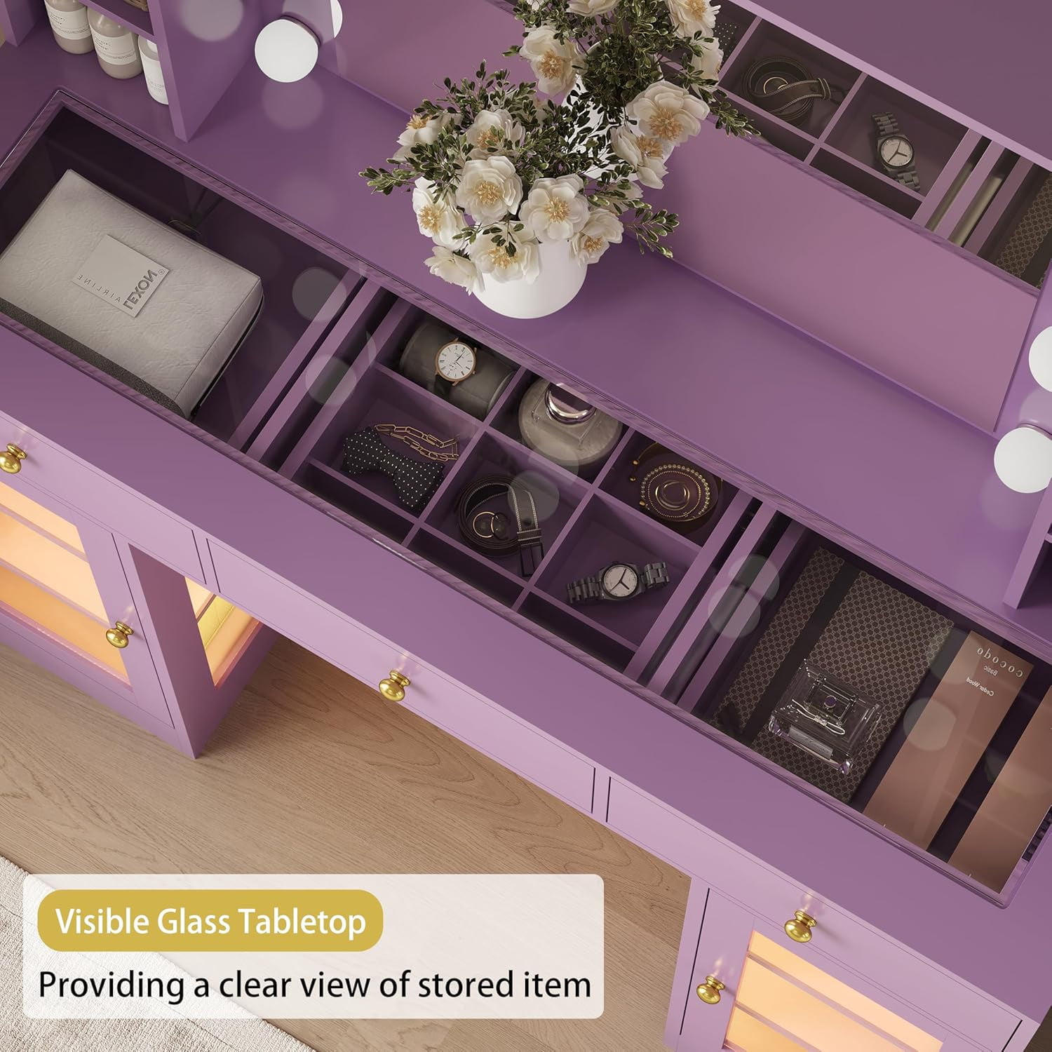 FANRAL Makeup Vanity with Mirror and Lights,Glass Top Vanity Desk with RGB Cabinets,43.5" Large Dressing Table for Women Bedroom,Purple Vanity