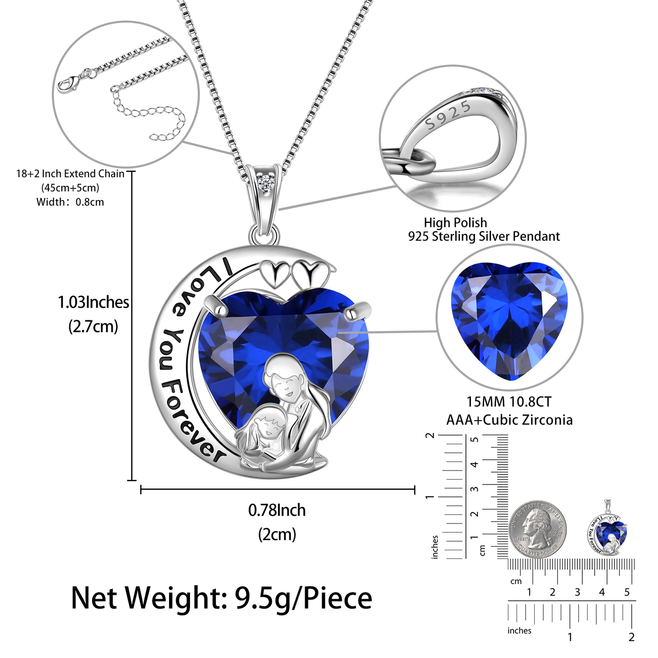Juwaliy Moon Heart Mother and Daughter Necklace 925 Sterling Silver Blue Sapphire September Birthstone Pendant Jewelry Women Birthday Christmas Mothers Day Gift