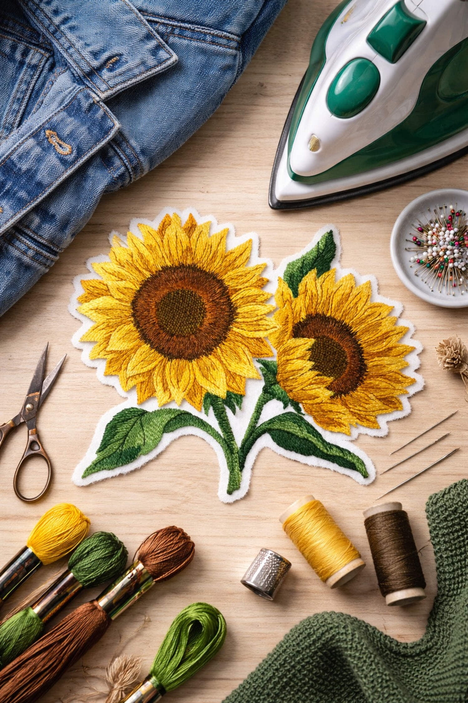 Sunflowers in Bloom Embroidered Iron on/Sew Patch [ 6.19"(w) x 5.86"(h)) ]