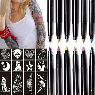 Anmmy Temporary Tattoo Metallic Markers for Skin,16-Count Body Markers+77  Large Tattoo Stencils of Assorted Colors for kids and Adults,Flexible Brush
