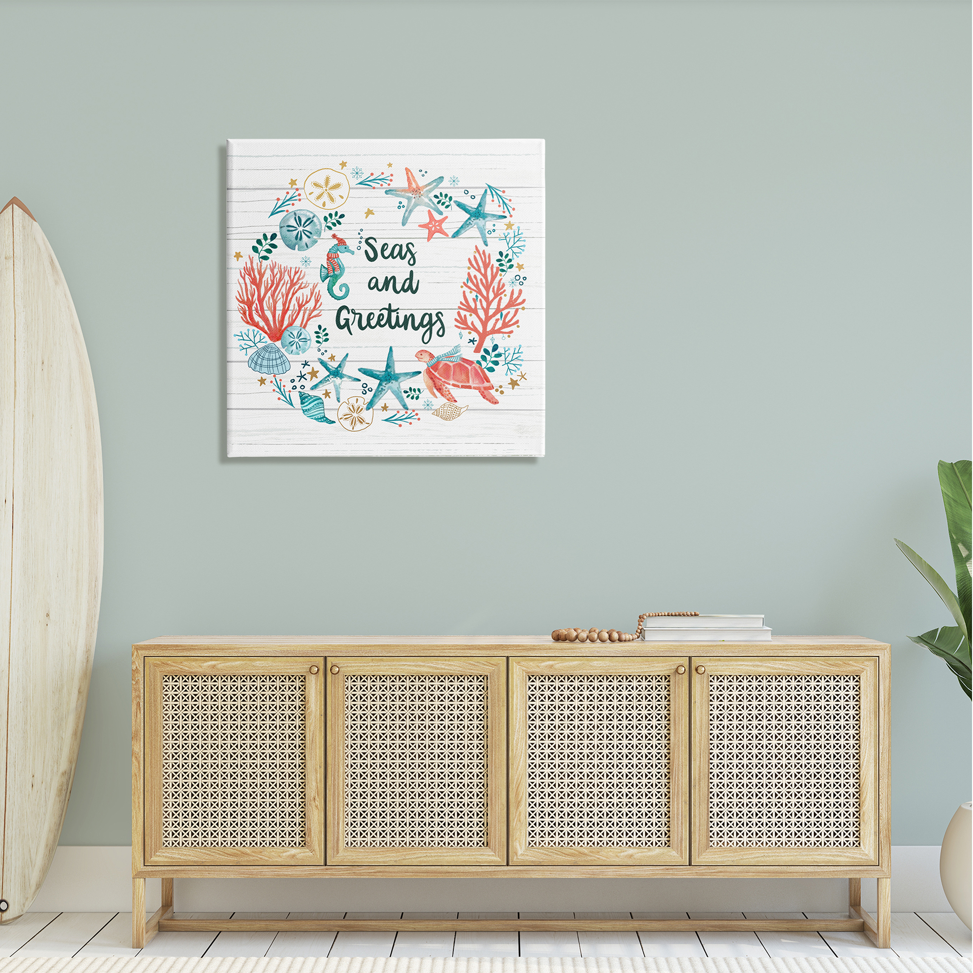 Stupell Industries Seas And Greetings Warm Nautical Holiday Wreath Graphic Art Gallery Wrapped Canvas Print Wall Art, Design by Sharon Lee
