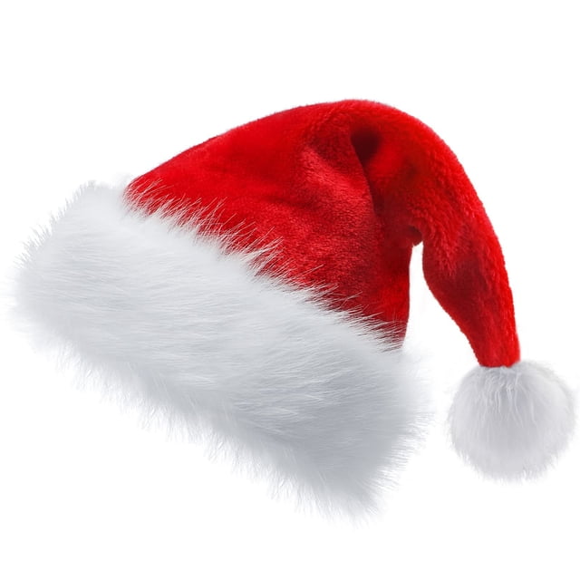 gorro navideño grueso de terciopelo para adultos y niños, adornos navideños, gorro largo de pelusa corta, gorro de celosía rojo y blanco gorro navideño rojo y blanco en vista 3/4; silueta larga con borla en la punta, cuerpo de terciopelo de pelusa corta y borde ancho de pelusa blanca, diseño reversible de doble cara, adecuado para adultos y niños y a menudo usado como adorno festivo en interiores.