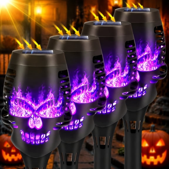 4 Pack Purple Solar Halloween Lights, Flickering Flame Torch Lights with Skull Design, Waterproof Outdoor Decor for Garden, Yard, Patio – Solar Powered Pathway Lighting