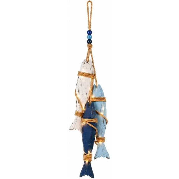 Lighted Coastal Wooden Starfish and Fish Hanging Decor, Nautical Wall Accent with Warm LED Lights for Beach House and Farmhouse