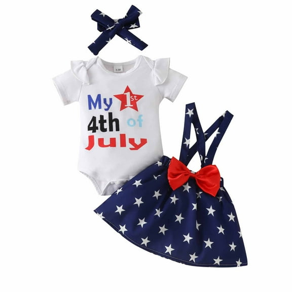 Fesfesfes Kids 4th of July Outfit Summer Baby Girl Independence Day Dress Set Girl Short Sleeve Letter Romper Bow Strap Dress Hairband Set 9-12 Months
