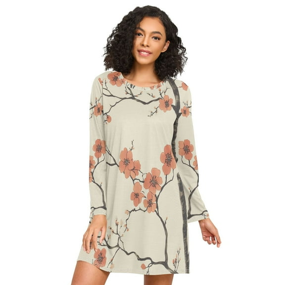 FORMRS Womens Long Sleeve Nightgowns Crew Neck Sleep Shirt Soft Pajamas Sizes S-3XL, Light Red Flowers