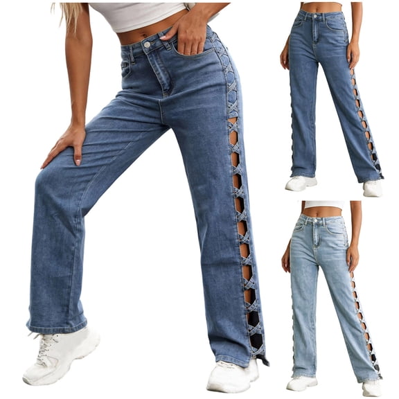 Miluxas Womens Summer Casual Jeans Lace Up Side Cutout Wide Leg Denim Pants High Waist Y2K Style Streetwear Jeans with Pockets Light Blue
