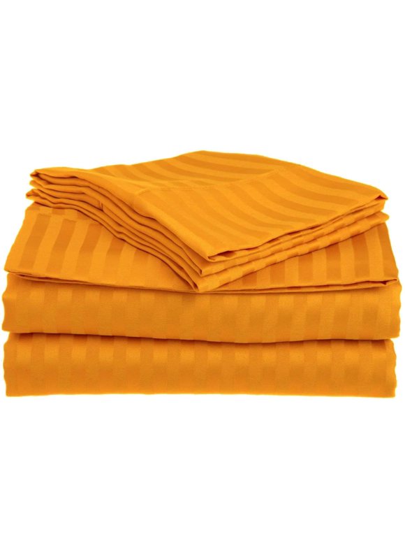500 Thread Count 4 Piece Quality Sheet Set 10 Inch Deep Pocket 100% Egyptian Cotton Color Orange Stripe Size Queen