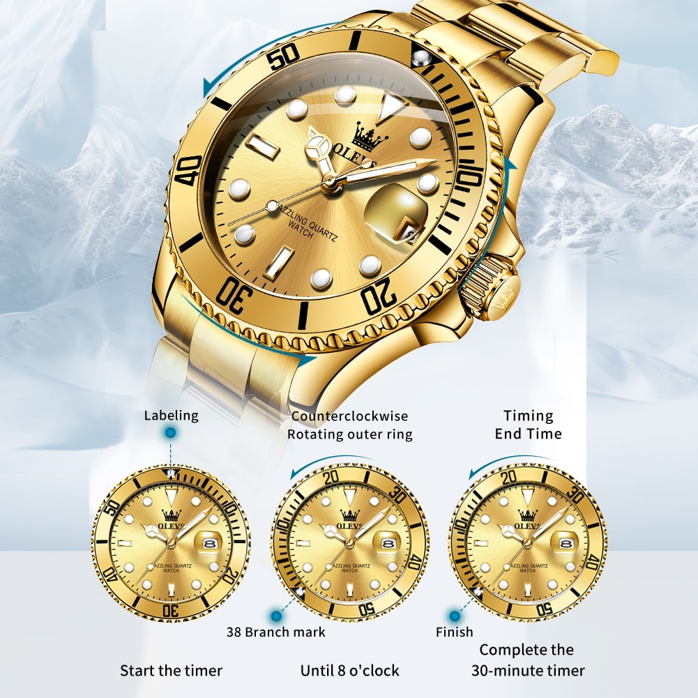 OLEVS Watches for Men Business Dress Luxury Casual Analog Quartz Stainless Steel Waterproof Luminous Date Men Wrist Watches reloj para hombre Gold Dial