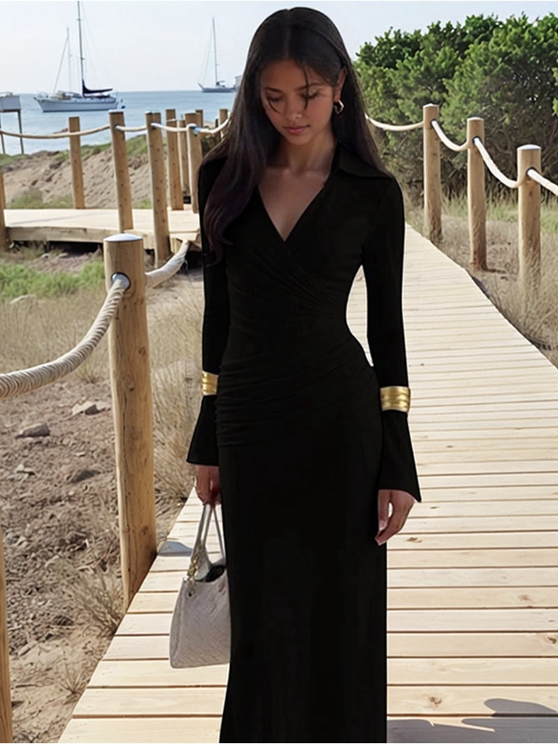 Womens Long Sleeve Maxi Dress Deep V Neck Ruched Bodycon Elegant Semi  Formal Wedding Guest Dresses White S
