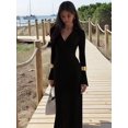 thumbnail image 4 of Female Long Sleeve Maxi Dress Deep V Neck Ruched Bodycon Elegant Semi Formal Wedding Guest Dresses Black S, 4 of 9