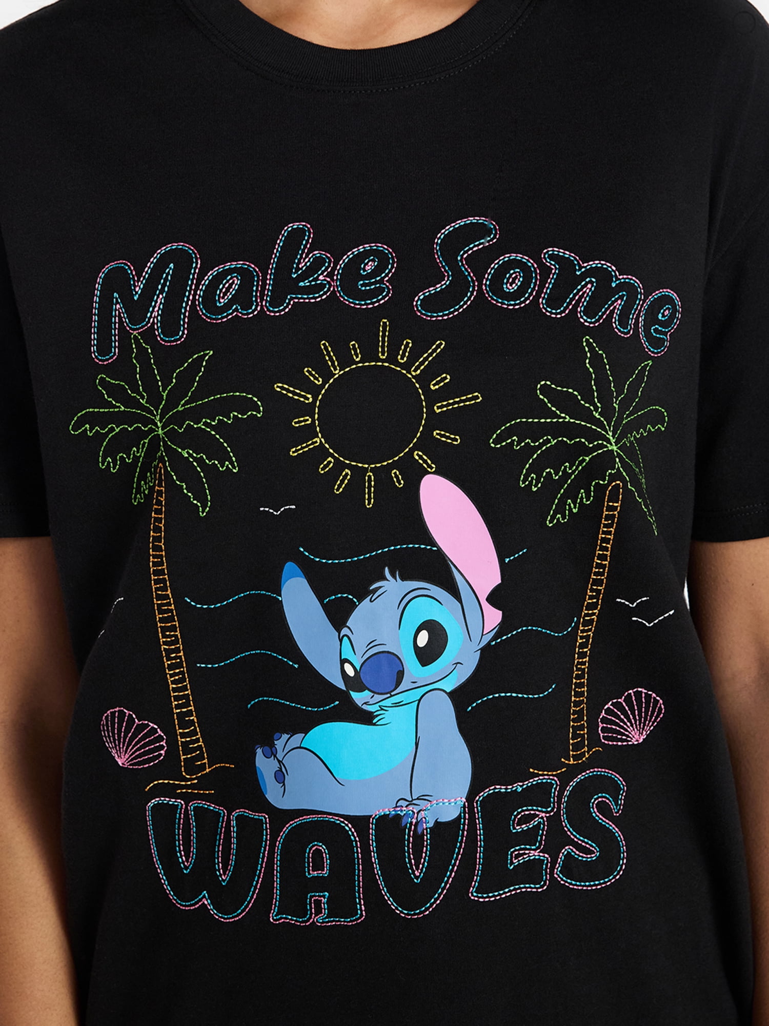 Disney Stitch Women's Embroidered Graphic Tee with Short Sleeves, Sizes XXS-XXL