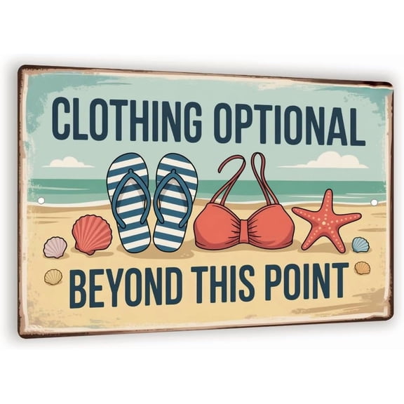 Clothing Optional Beyond This Point Metal Sign – Funny Vintage Beach Wall Decor, Rustic Coastal Plaque For Bathroom Or Pool Area 8x12