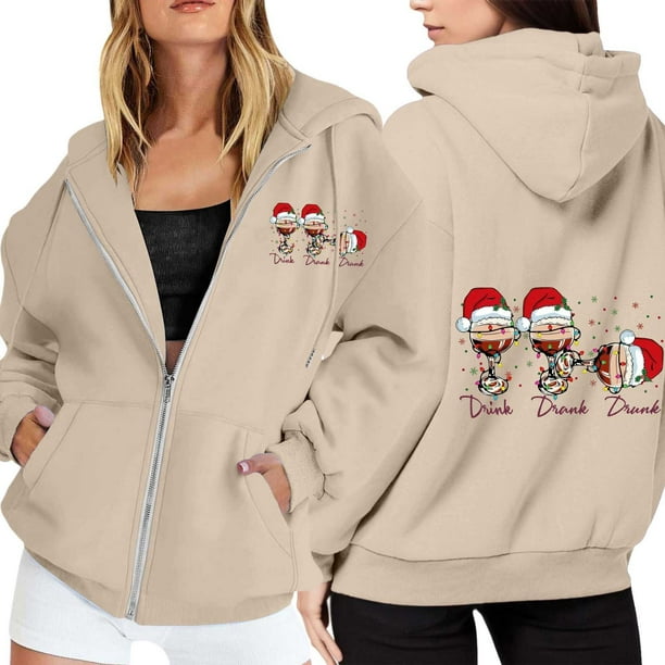 WILLBEST Sudadera Deportiva para Mujer Ladies' Christmas Printed Zipper Long Sleeved Pocket Adjuststring Casual Hooded Sweatshirt 1903 Mediana