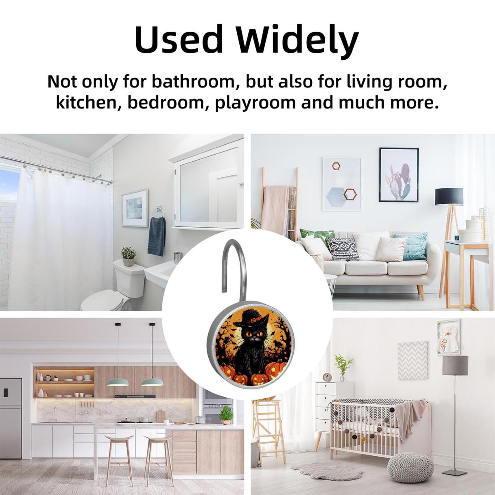 12pcs Decorative Shower Curtain Hooks, Rust Resistant Shower Rings for Bathroom Living Room,Rustproof Stainless Steel Rings for Shower Curtain and Liner Rods,Halloween Black Cat