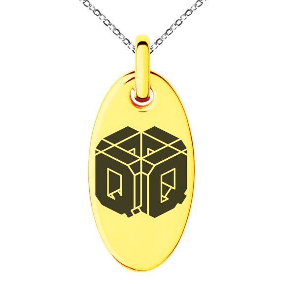 Stainless Steel Letter Q Initial 3D Cube Box Monogram Engraved Small Oval Charm Pendant Necklace